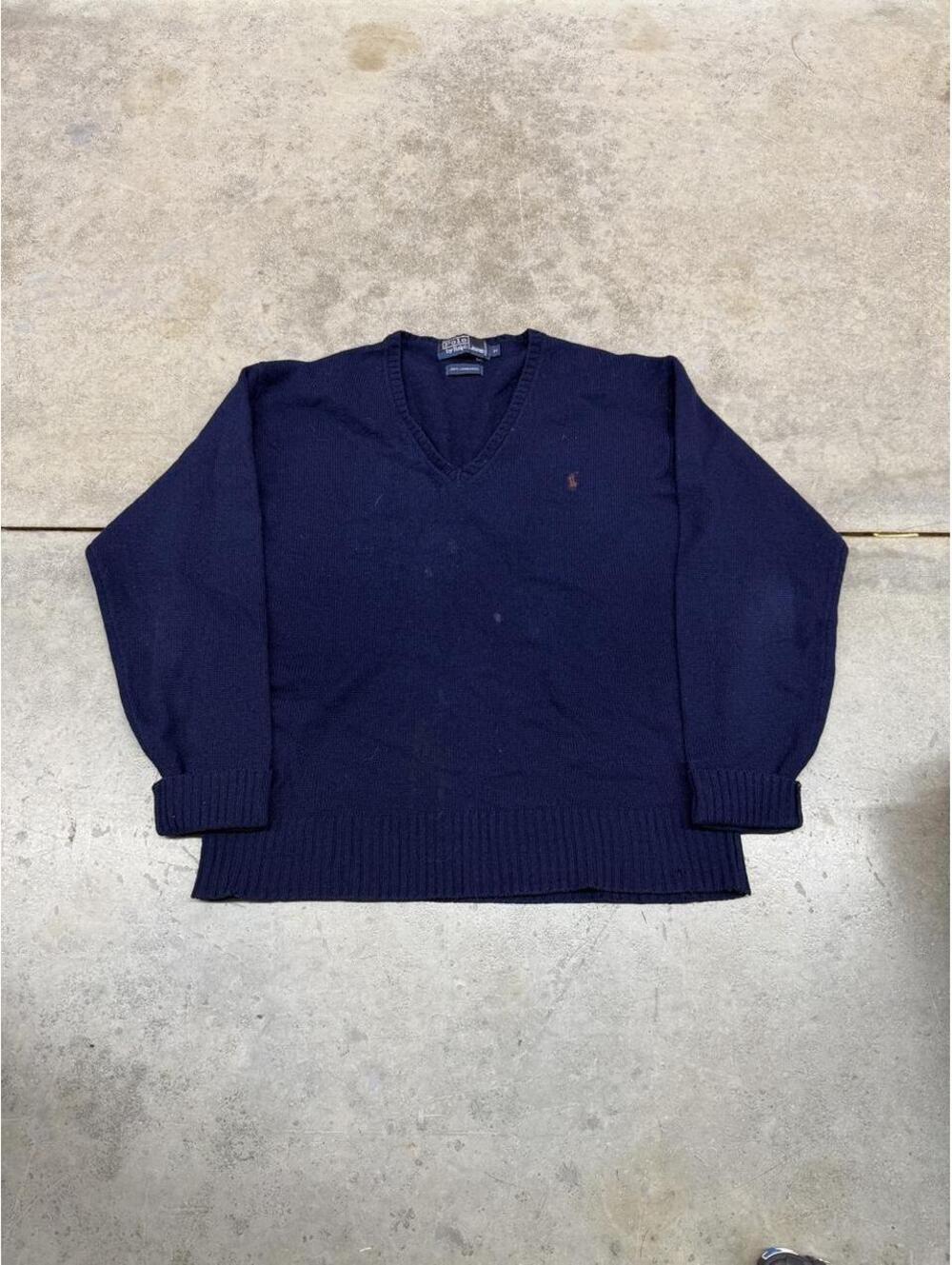 Vintage polo ralph lauren navy blue v neck knit sweater size medium HAS STAINS
